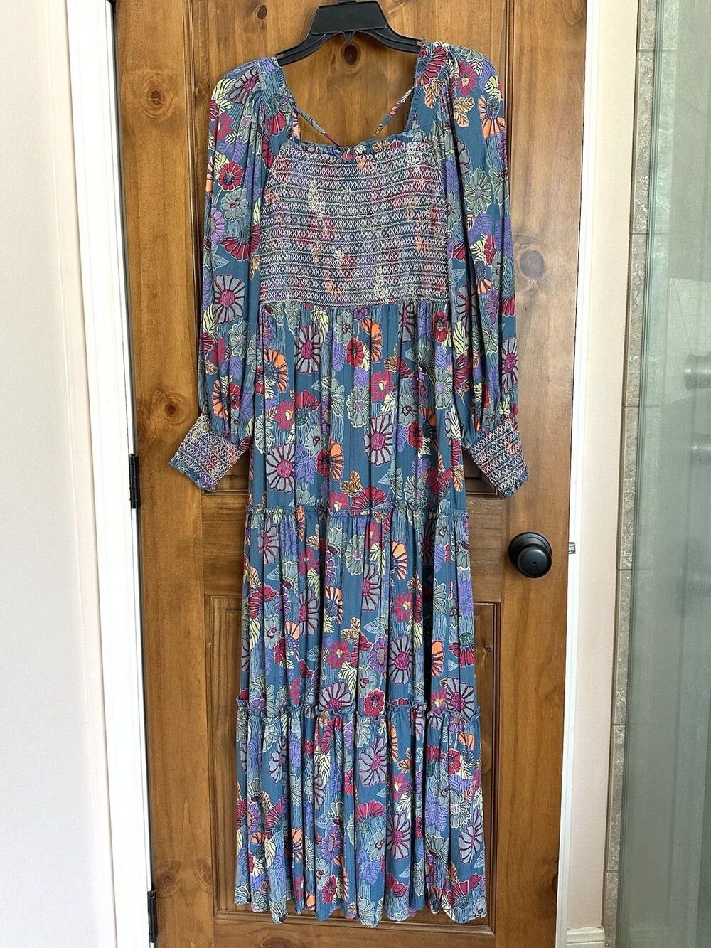 Gypsy Love Maxi Dress Med Tiered Balloon Sleeve Smocked Floral Mod Boho Peasant
